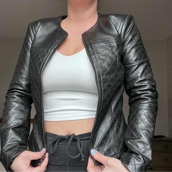 Classic Black Quilted Short Leather Jacket Moto Buttery Lambskin Leather Coat - Picture 10 of 14